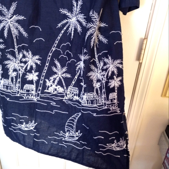 Talbots Dress Blue 100% Linen Embroidered Palm Trees Sailboat Beach Size L - Picture 14 of 15